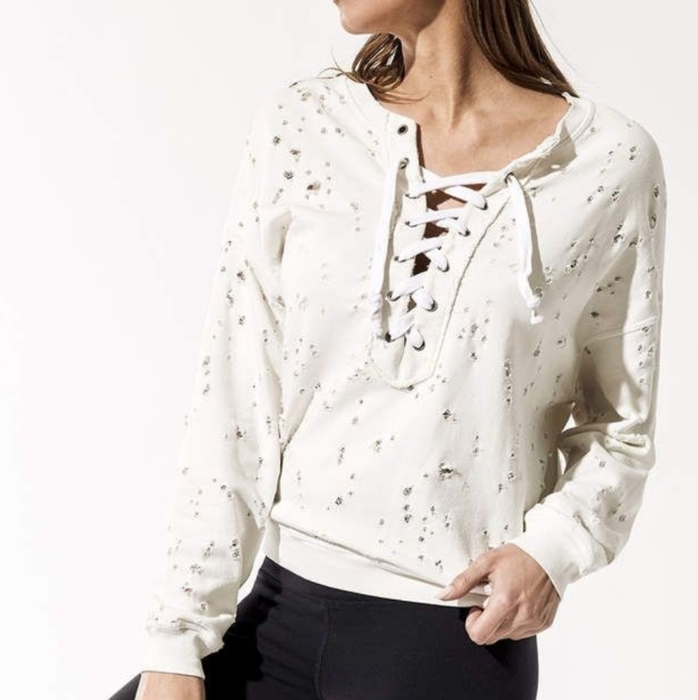 NSF White Destroyed Distressed Terry Lace Up Pullover Sweatshirt